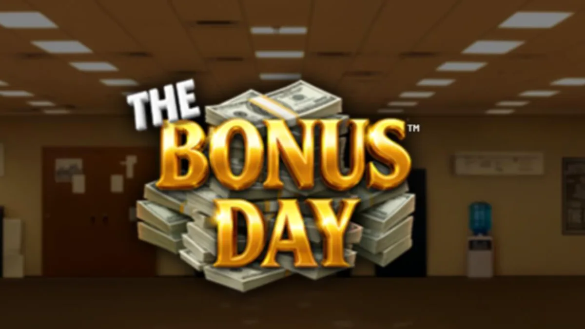 Tampilan visual slot The Bonus Day dengan tema kantor yang penuh dengan simbol-simbol korporat dan fitur Hold & Win.