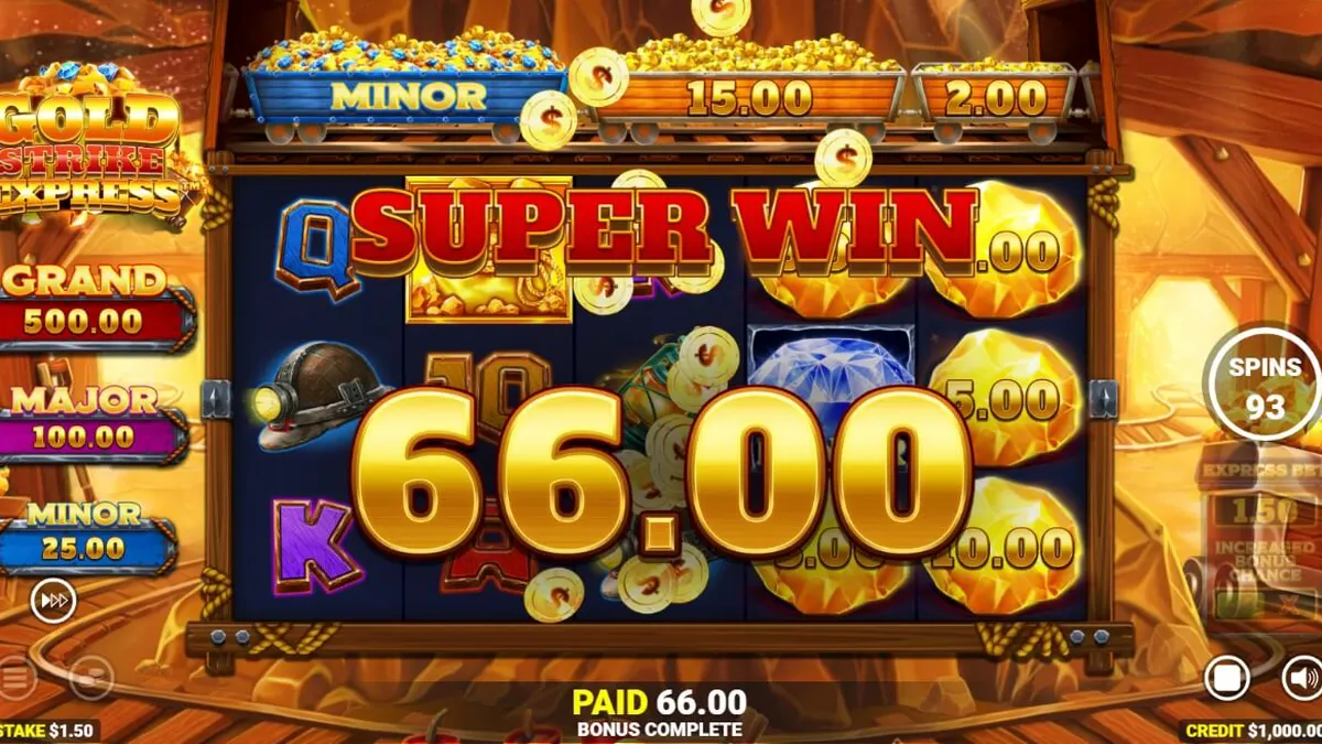 Tampilan visual slot Gold Strike Express dengan rel kereta api di atas gulungan